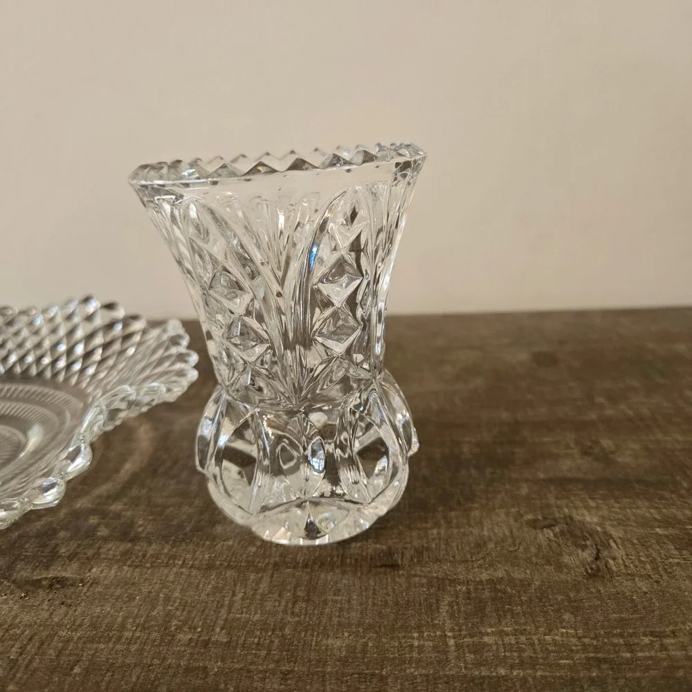 Vintage Pressed Glass Set Diamond Point Candy Dish and Toothpick Holder Clear